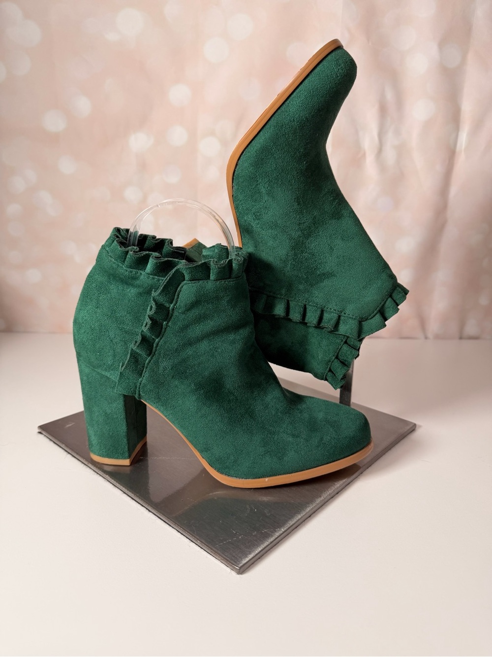ALLEGRA K Green Faux Suede Ruffle Ankle Boots